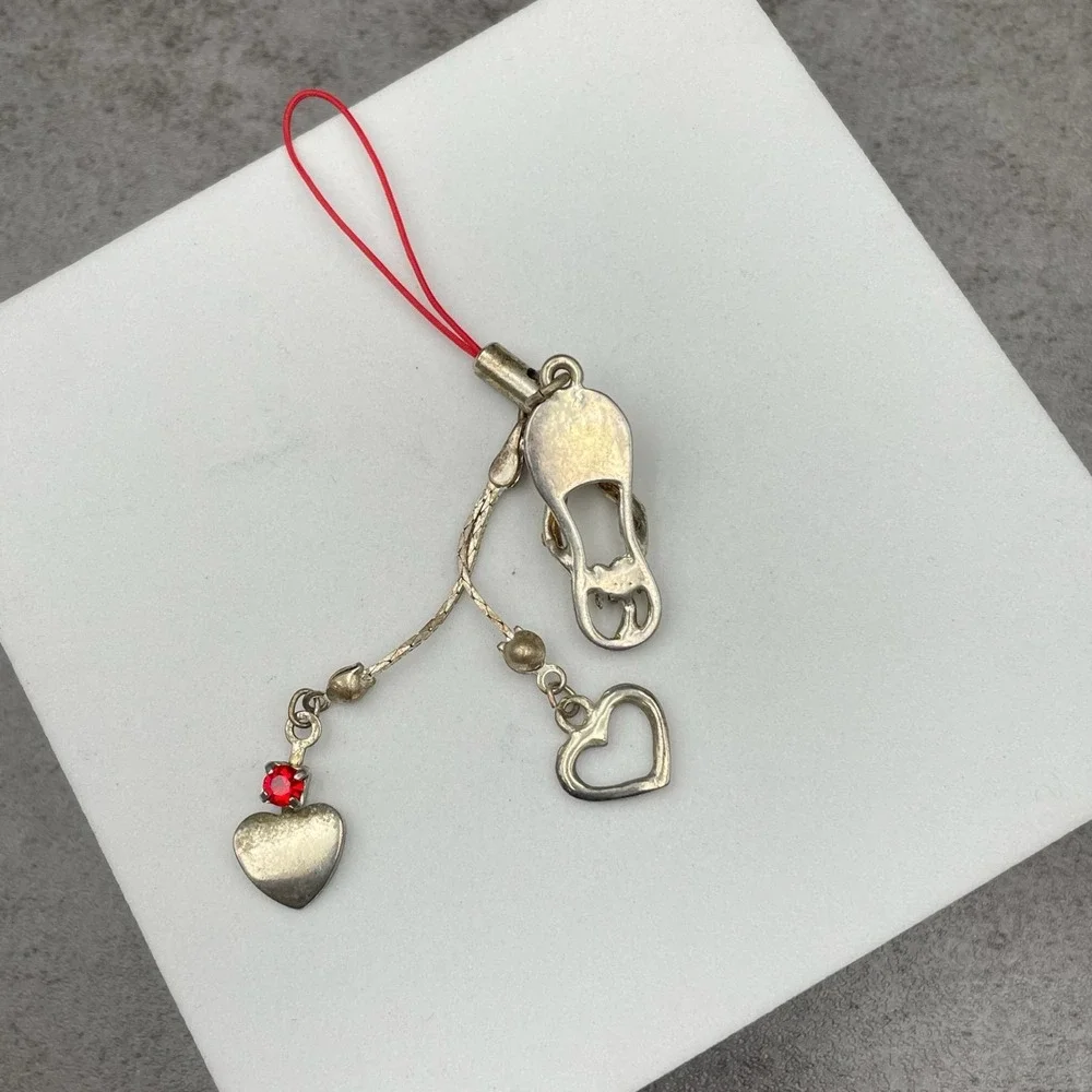 Y2K Silver-Tone Embellished Red Plumeria Flower Heart Dangle Cell Phone Charm